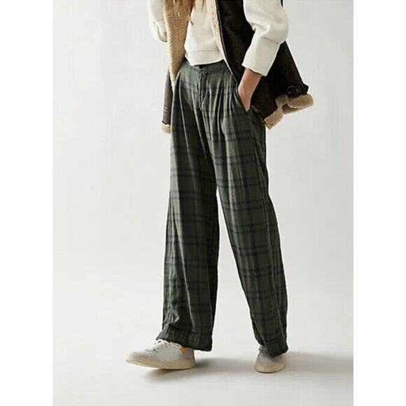 Free People CP Shades Plaid Trousers Millstone Green Slouchy Size Extra Large - Picture 1 of 10